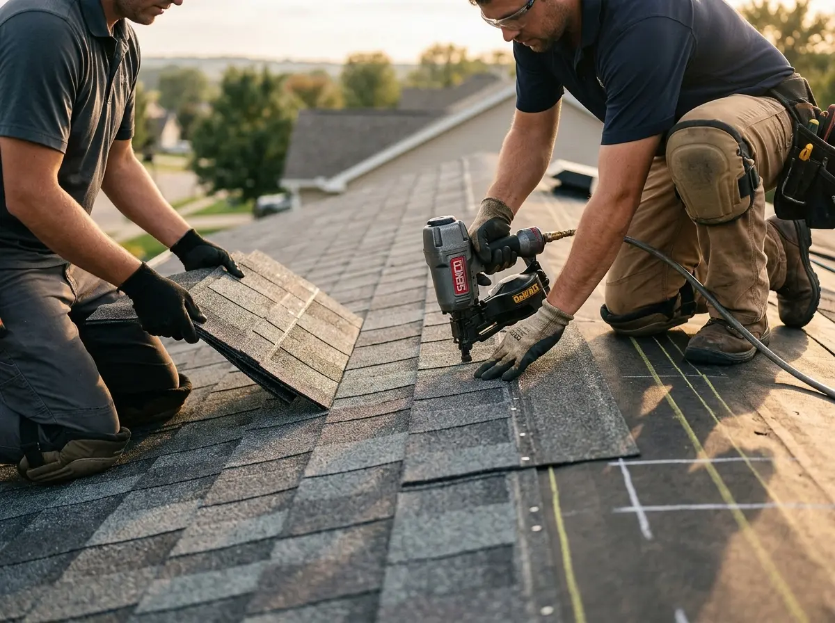 Professional roofer working on a residential roof in Caledonia